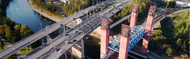 Flygfoto över de två vägbroarna och järnvägsbron som korsar Södertaljekanal.