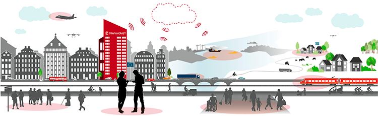Illustration två personer med mobiler. I bakgrunden miljö med olika transportsätt.