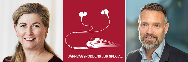 Jernhusens vd Kerstin Gillsbro. I mitten järnvägspoddens JBS-Special logga. Till höger Ted Söderholm, vd på Green Cargo.