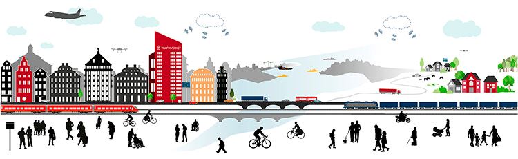 Illustration som visar olika transportsätt, både i stad och på landsbygd.