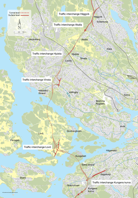Map showing the route of Förbifart Stockholm
