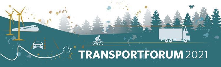 Illustrationsbild i gröna toner. Bilden visar olika transportslag samt en vit text med orden Transportforum 2021.