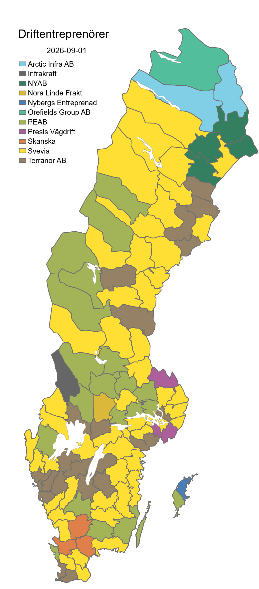 Kartbild över Sverige och fördelningen av driftentreprenörer vägar.