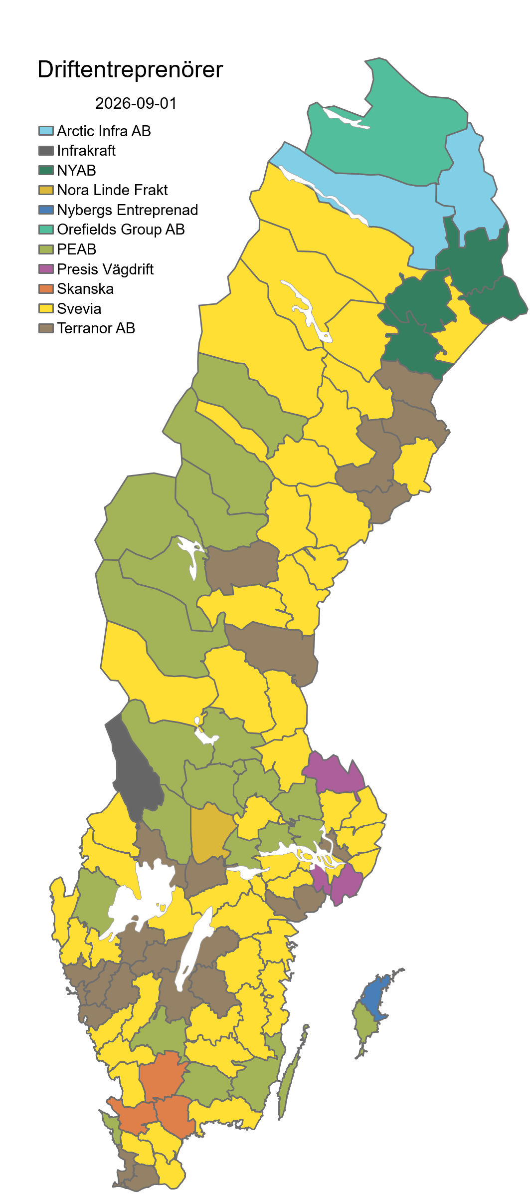 Kartbild över Sverige och fördelningen av driftentreprenörer vägar.