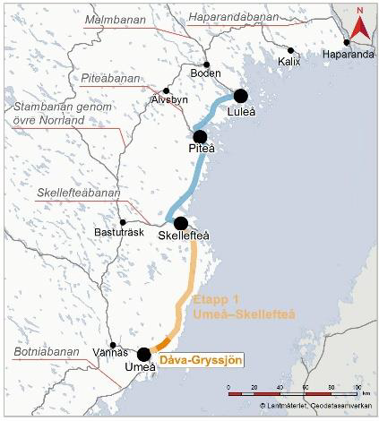 Norrbotniabanan planeras gå mellan Umeå och Luleå via Skellefteå och Piteå
