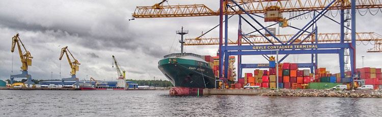 Hamn med ett lastfartyg och flera stora mobilkranar i bakgrunden.  Foto: Mattias Darmell, MostPhotos