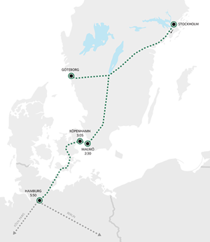Picture of estimated journey time from Stockholm via Malmö to Copenhagen and Hamburg with new main lines. 