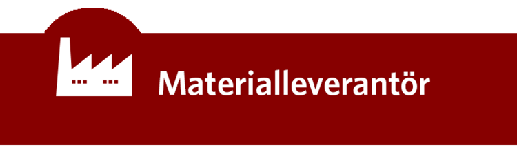 Röd färgplatta med figur och texten: Materialleverantör