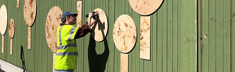 Person creating art on the construction plank panelling