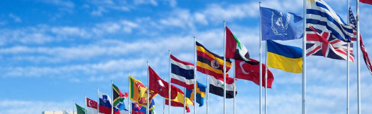 Flags for different countries, blue sky