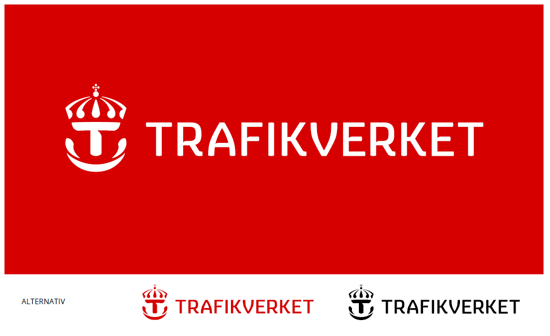 Trafikverkets logotyp. Under logotypen visas två alternativa färger till den vita. Trafikverket i rött och Trafikverket i svart.