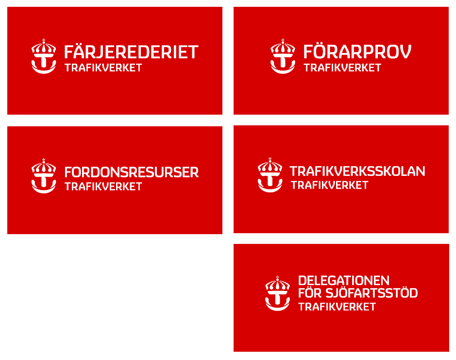 Trafikverkets resultatenheters logotyper. Röda rektanglar med vit krona och vit text