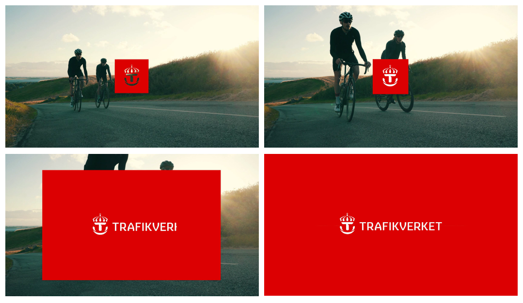 Ett kollage med fyra bilder. De två översta visar ett par som cyklar och i mitten av bilderna finns en röd fyrkant med vit krona.