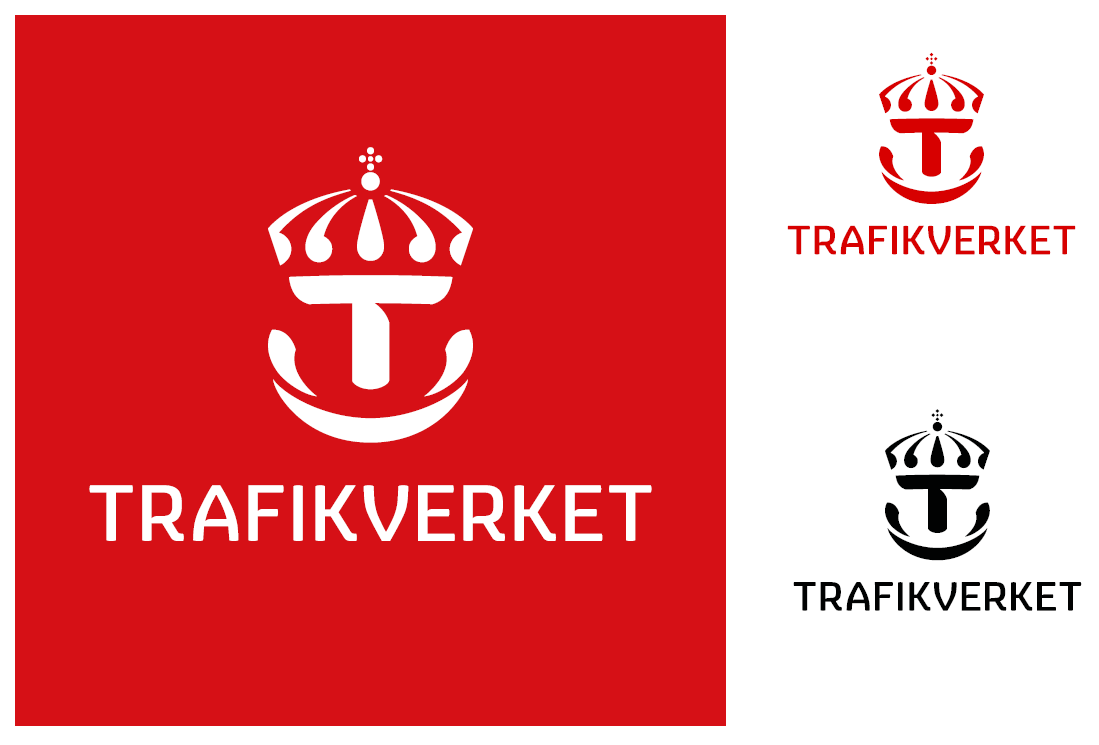 Tre varianter av Trafikverkets logotyp. En med vit bakgrund och röd krona ovan röd text, en likadan men i svart och den tredje är röd med enbart vit krona.