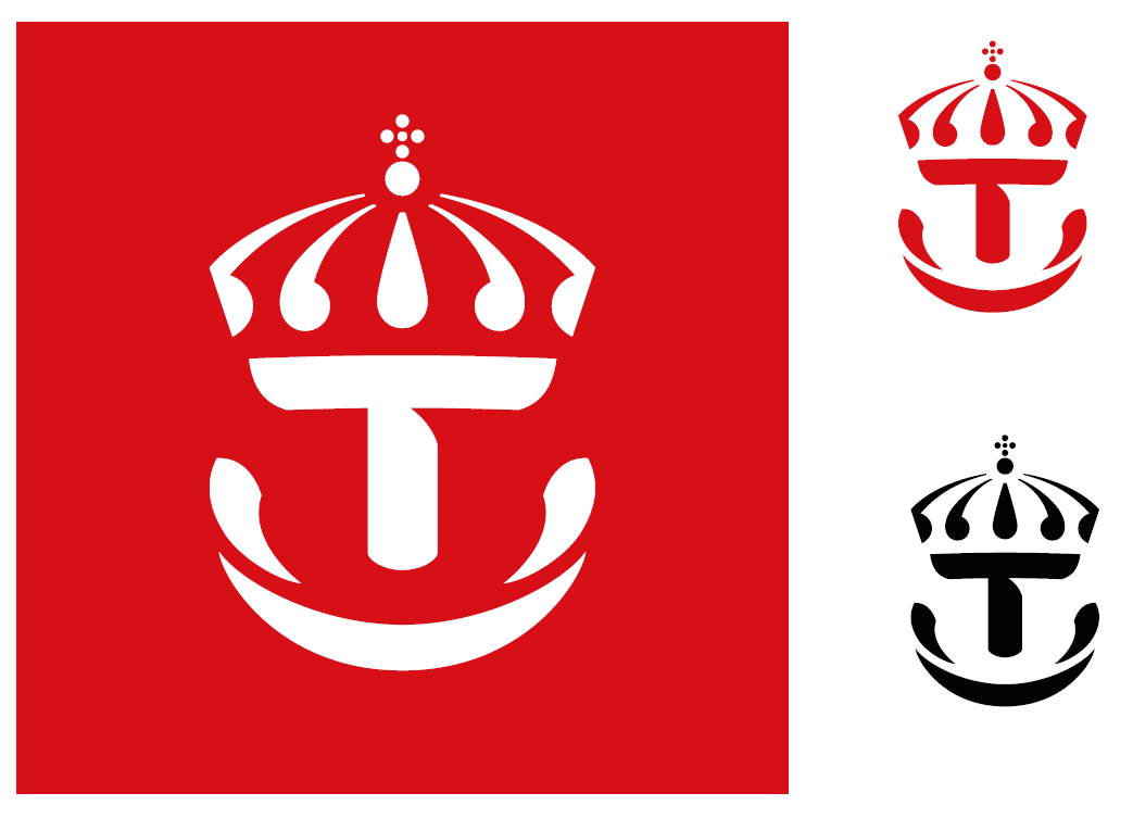 Variant på Trafikverkets logotyp. En röd fyrkant med en vit krona i, en vit fyrkant med röd krona och en vit fyrkant med svart krona. 