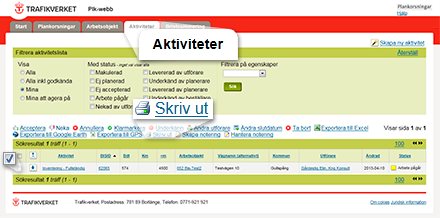 Skärmdump av Plk-webbsida Aktiviteter. Inzoomning på länken Skriv ut.