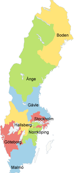 Sverigekarta med Boden, Ånge, Gävle, Stockholm, Hallsberg, Norrköping, Göteborg samt Malmö utskrivet.