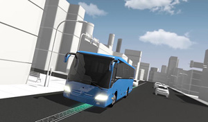 Grafik av en blå buss och några personbilar på en väg. I mitten av bussens körfält finns en vitmönstrad strimm som skiner grönt intill bussen. Detta illustrerar elväg. I omgivningen finns byggnader och i horisonten syns höga skyskrapor, blå himmel och vita moln.