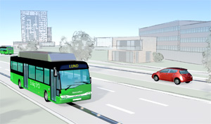 Grafik av en grön buss med destination Lund kör på en ljusgrå väg med en grå strimma i mitten som ska föreställa en elväg. I motsatt körrikning finns en röd personbil och i horisonten en till grön buss. 