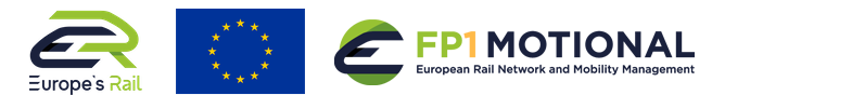Logotyper: Europe's Rail, Europeiska unionen och FP1 MOTIONAL.