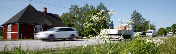 Bil på sommarväg med gula blommor i förgrunden.
