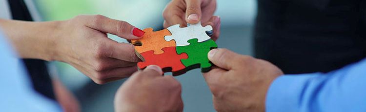 Photo of four hands holding a four-piece jigsaw puzzle