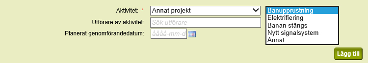 Skärmdump över aktivitetstyper under Annat projekt.