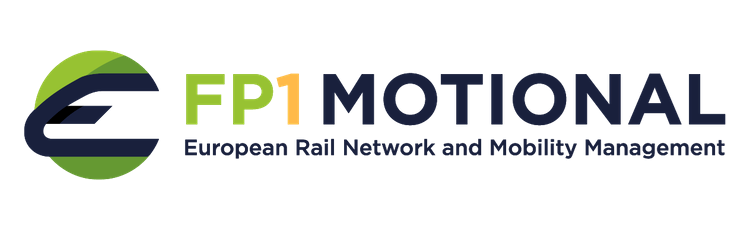 Logotyp FP1 MOTIONAL samt texten "European Rail Network and Mobility Management".