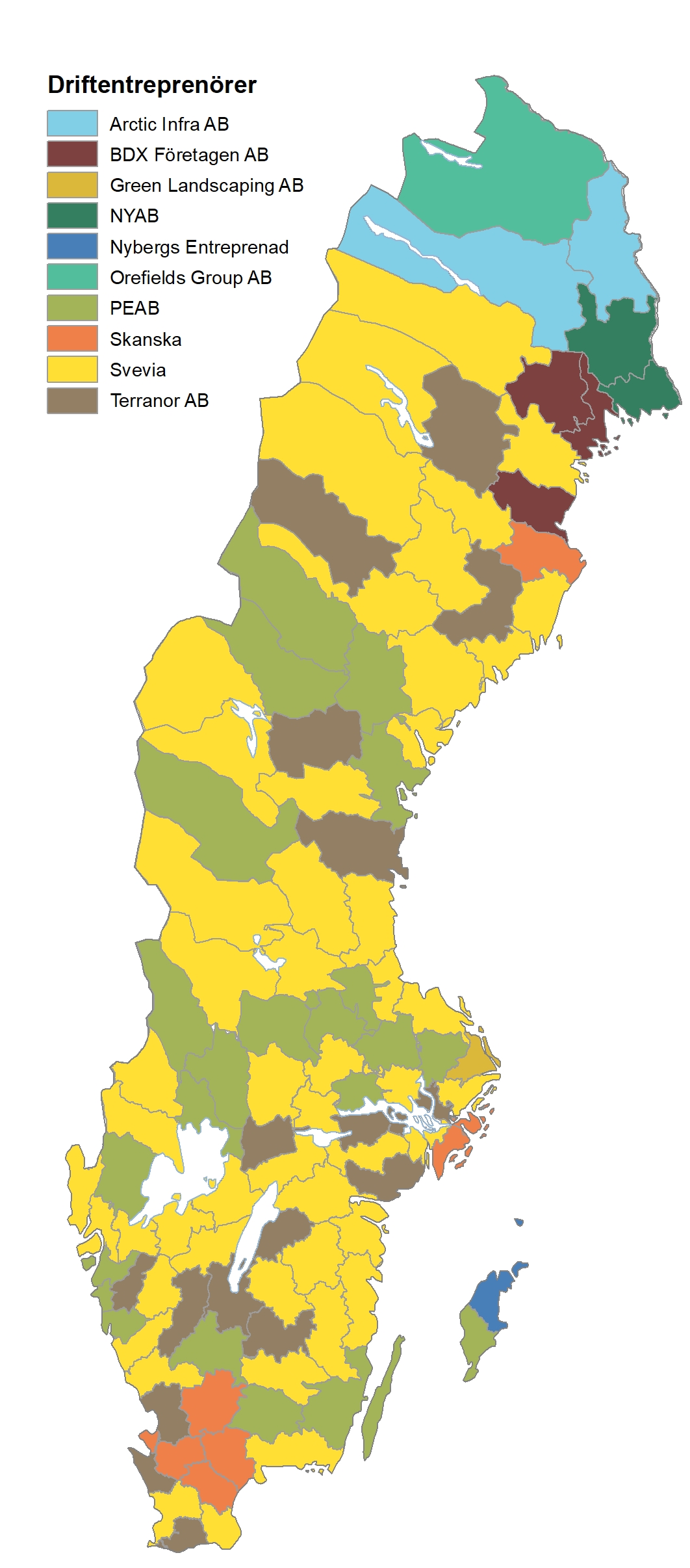Kartbild över Sverige och fördelningen av driftentreprenörer vägar.