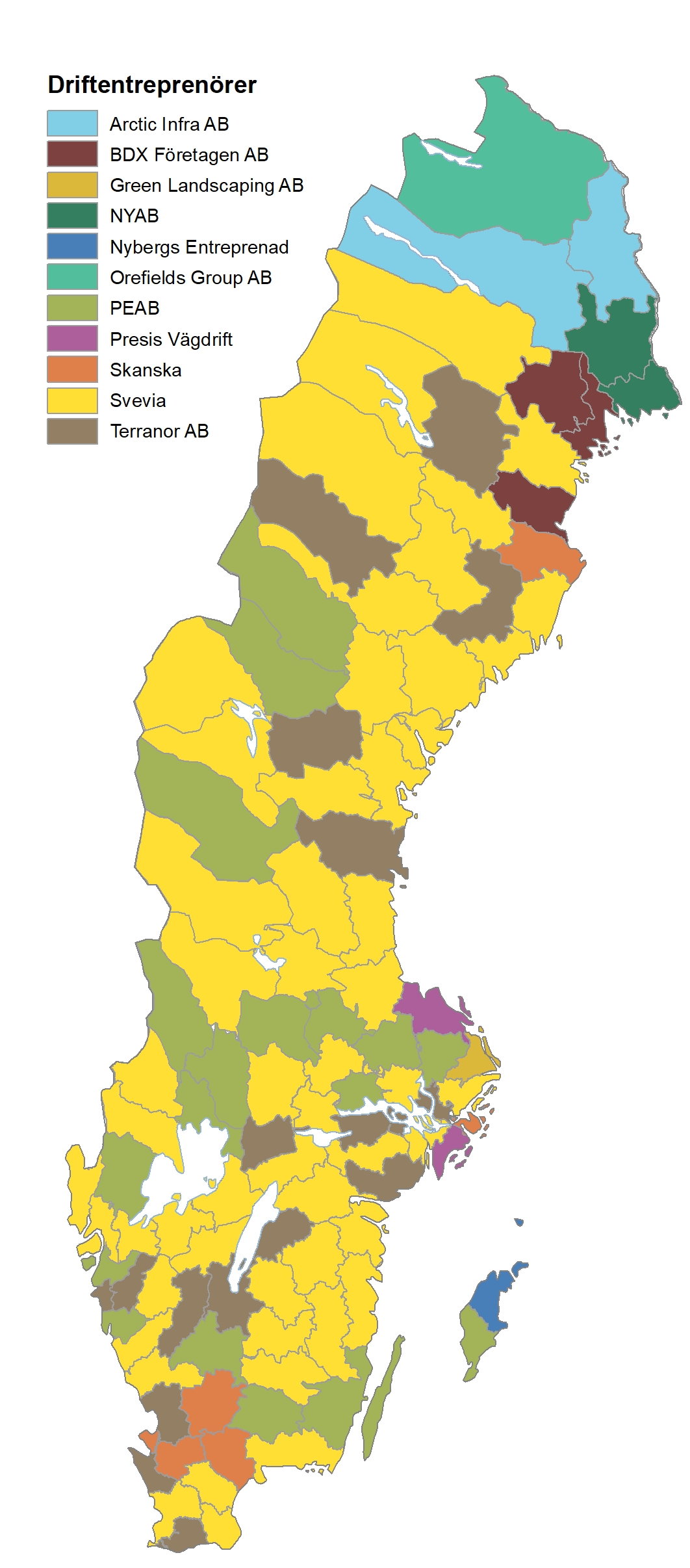 Kartbild över Sverige och fördelningen av driftentreprenörer vägar.