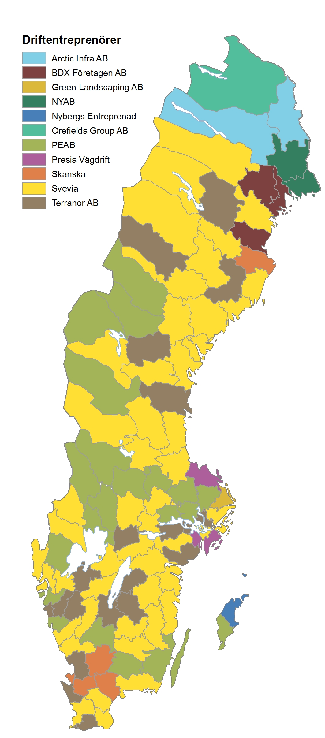 Kartbild över Sverige och fördelningen av driftentreprenörer vägar.