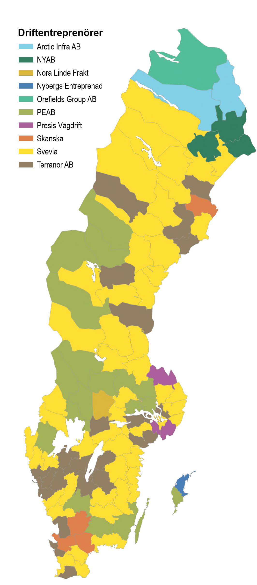 Kartbild över Sverige och fördelningen av driftentreprenörer vägar.