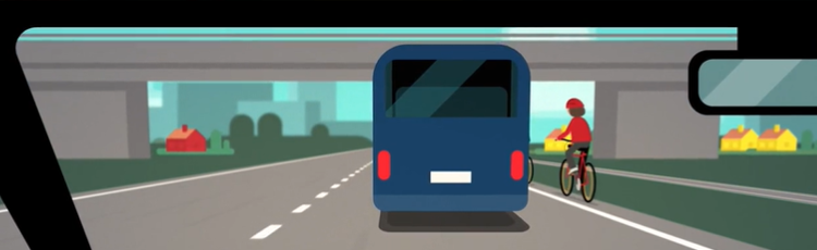 I en animerad värld ser vi ut inifrån en bil genom vindrutan. Framför bilen ser vi en buss, en cyklist och en viadukt längre fram.