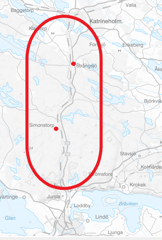 Sträcka Katrineholm–Åby (klicka på kartan för större bild)