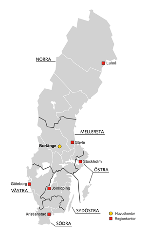 Karta med Trafikverkets regionala indelning samt regionkontor och lokalkontor