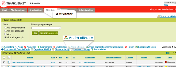 Skärmdump Plk-webbsidaför Akriviteter. Inzoomad på länken Ändra utförare. 