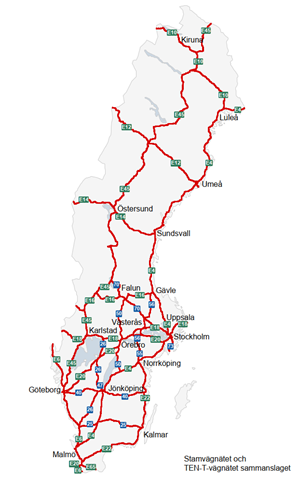 Sverigekarta som visar stamvägnätet och TEN-T-vägnätet som röda markeringar.