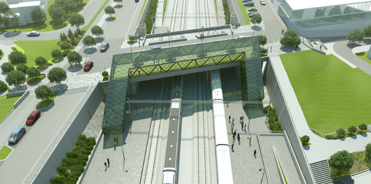 d. The station bridge will be 28 meters wide and has room for pedestrians.