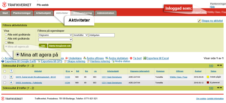 Skärmdump av Plk-webbsida för aktiviteter. Inzoomning på filtreringsvalet 