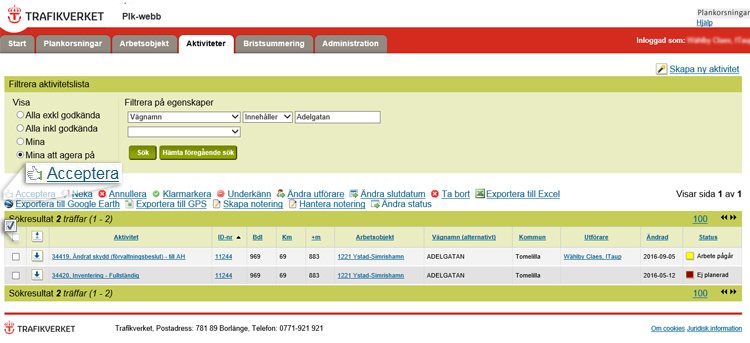 Skärmdump Plk-webbsida för aktiviteter. Inzoomning på länken Acceptera