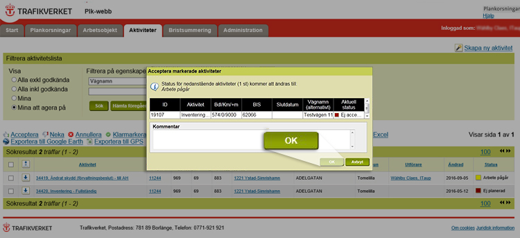 Skärmdump av Plk-webbsida föraktiviteter. Visar pop-up ruta med en grön knapp för OK längst ned i högra hörnet