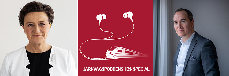 SJs vd Monica Lingegård. I mitten järnvägspoddens JBS-Special logga. Till höger Tågföretagens förbundsdirektör Pierre Sandbergt. 