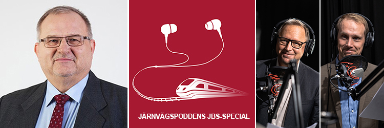 Kent Johansson JBS:s ordförande.I mitten järnvägspoddens JBS-Special logga. Till höger Trafikverkets Ulf Carlsson och Staffan Sporre.