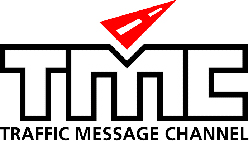 Logotyp. TMC i versaler och under har förkortningen skrivits ut TRAFFIC MESSAGE CHANNEL. Ovanför m:et i TMC är en röd triangel på snedden med två vita streck i mitten. Symbolen föreställer en väg med två filer. 
