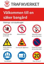 Skylt med olika symboler om säkerhet.