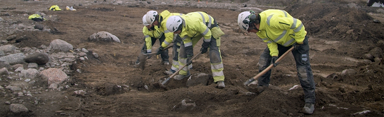 Arkeologer jobbar i fält på fornlämningsplatsen Ströja.