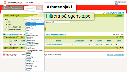 Skärmdump av Plk-webb, visar tre flikar. Den tredje heter Arbetsobjekt och är inzoomad. På sidan för arbetsobjekt finns på första raden en meny som heter 