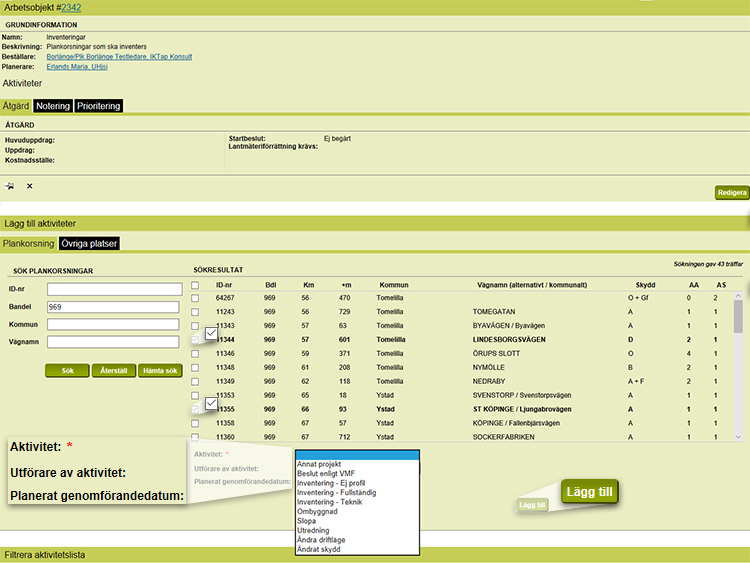 Skärmdump från Plk-webb som visar ett sökresultat i en tabell. I tabellen går det att kryssa i rutor för de arbetsobjektsom man vill gå vidare med. 