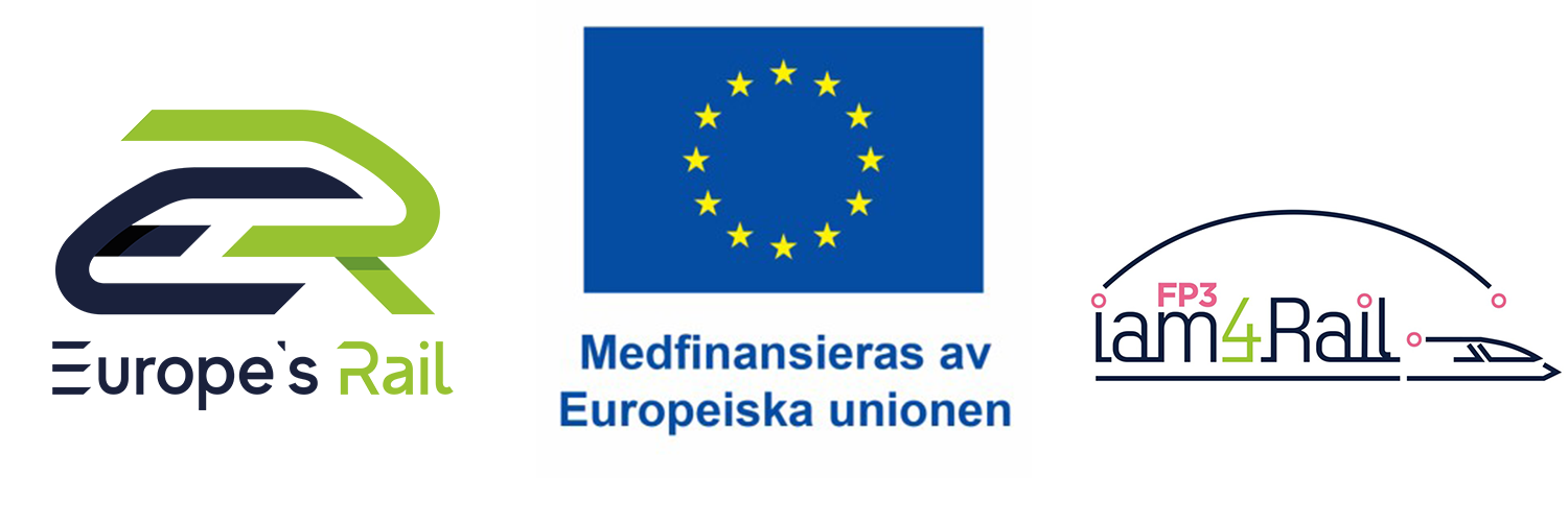 Logga för EU-rail, i grått och grönt, EU-flaggan med texten Medfinansieras av Europeiska unionen, och loggan för IAM4FAIL