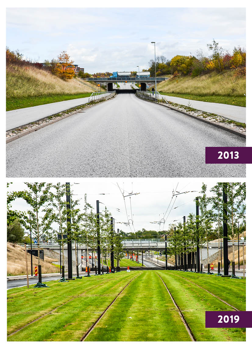 Spårväg Lund-ESS, år 2013 och 2019. På den första bilden syns enbart en asfalterad sträcka och en bro i bakgrunden. På bilden från 2019 grönt gräs, träd och en bro ed spårväg i mitten, 